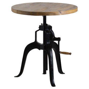 Adjustable industrial bistro table with weathered wood top and black metal frame, perfect for dining or workspace. by Sostter at brixbailey.com