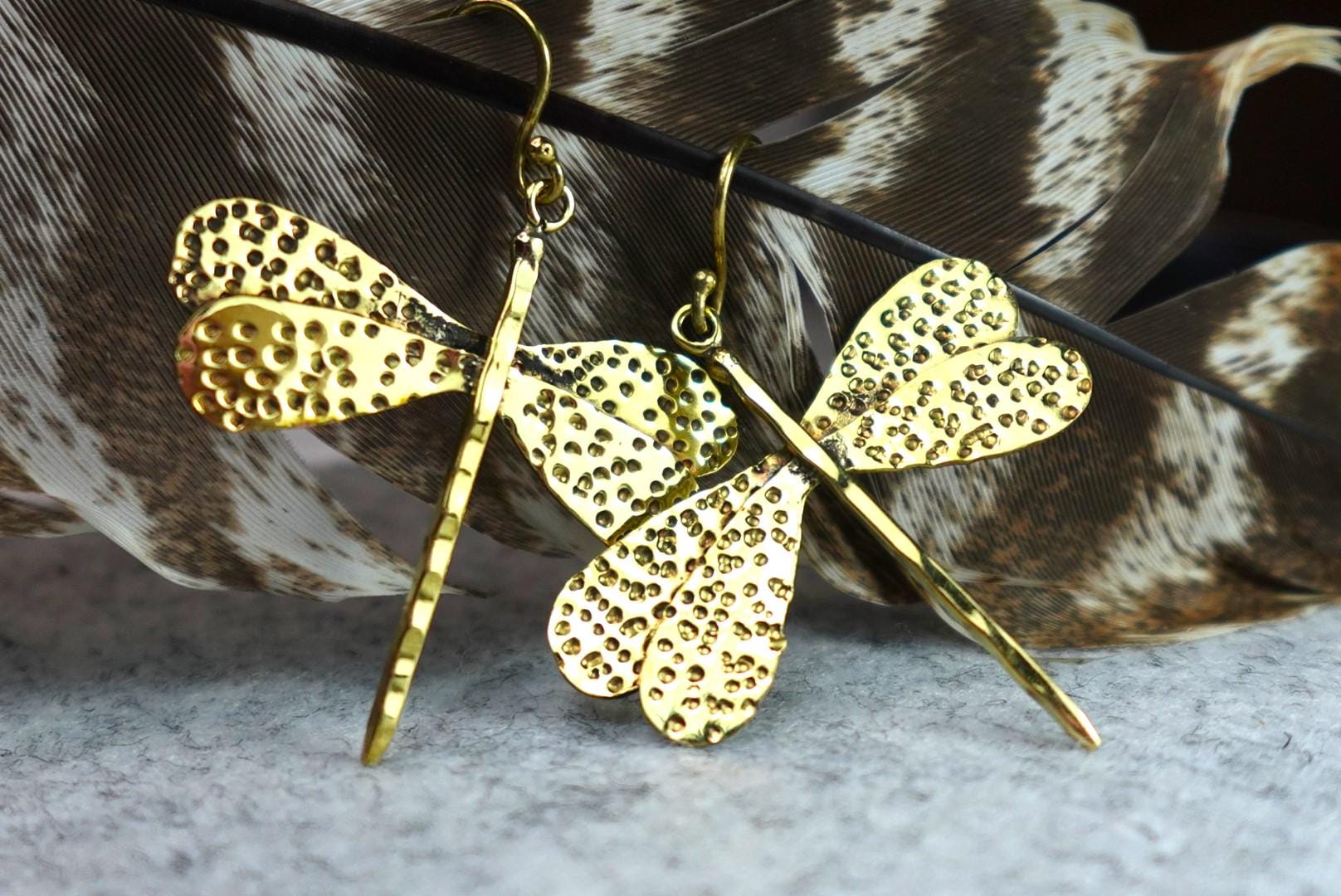 Textured Brass Dragonfly Earrings - Nature-inspired dangle earrings with hammered dragonfly motifs in antique brass.