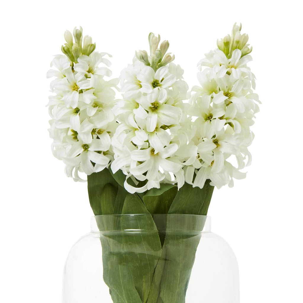 White hyacinth faux stems with green leaves, 44cm tall, realistic plastic flowers for home decor by Sostter at brixbailey.com
