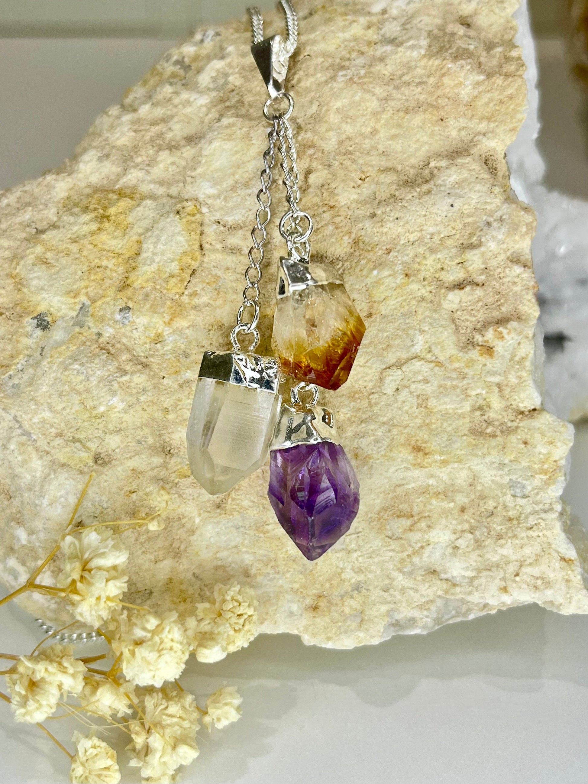 Triple Crystal Pendant Necklace with Amethyst Citrine and Quartz on Silver Chain