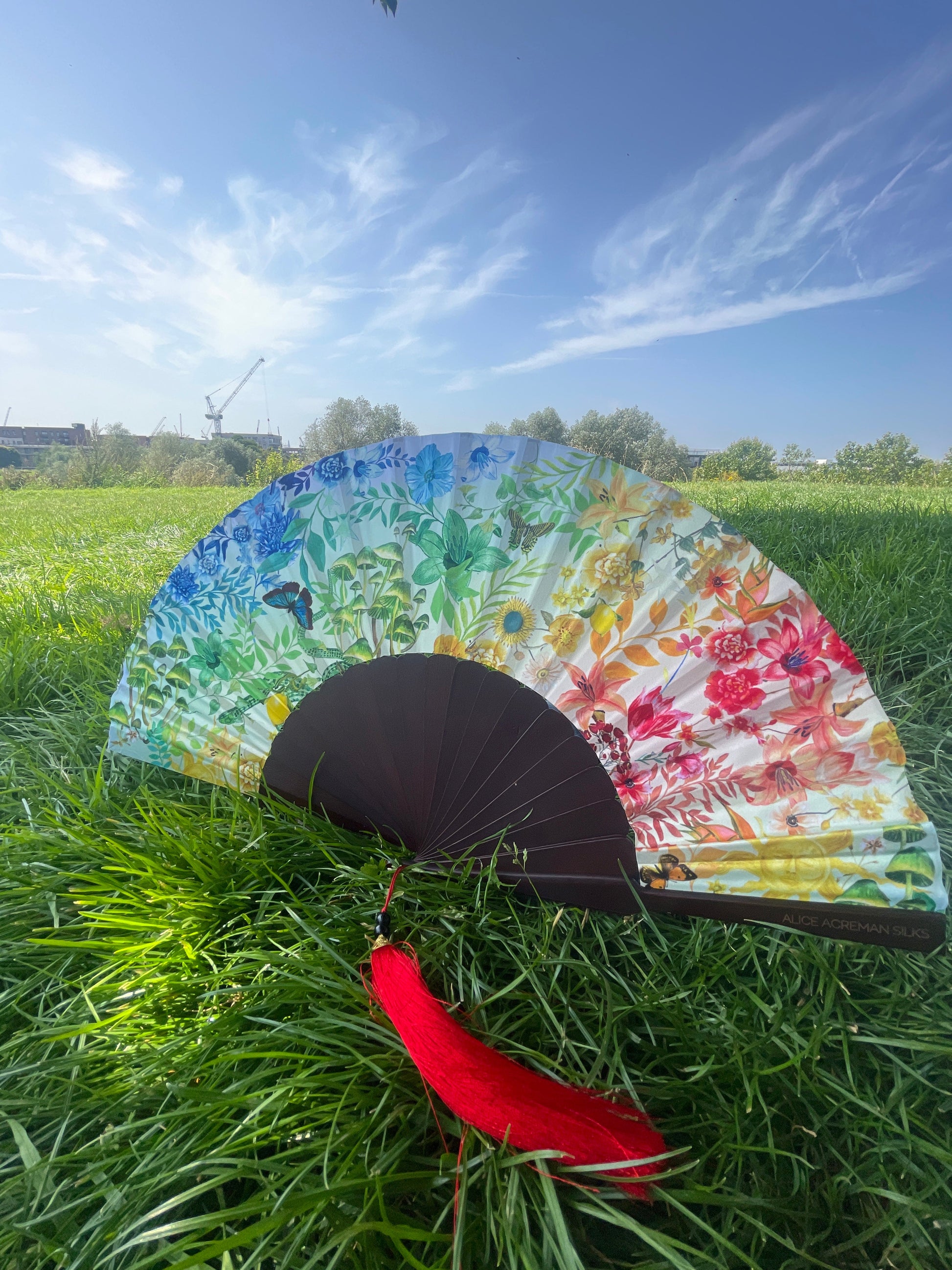 Kaleido Bloom Silk Folding Hand Fan with Rainbow Floral Print