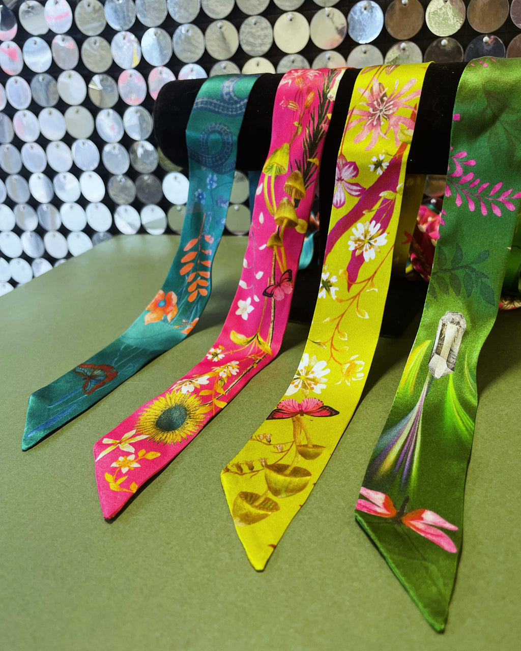 Green Silk Satin Greenery Floral Scarf with Insects and Gemstones