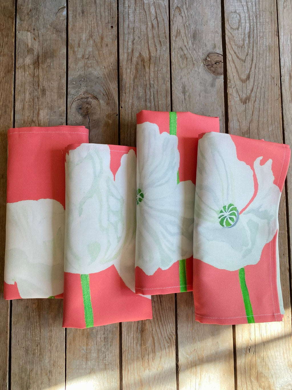 White Poppies on Pink Linen Napkins Set of Four