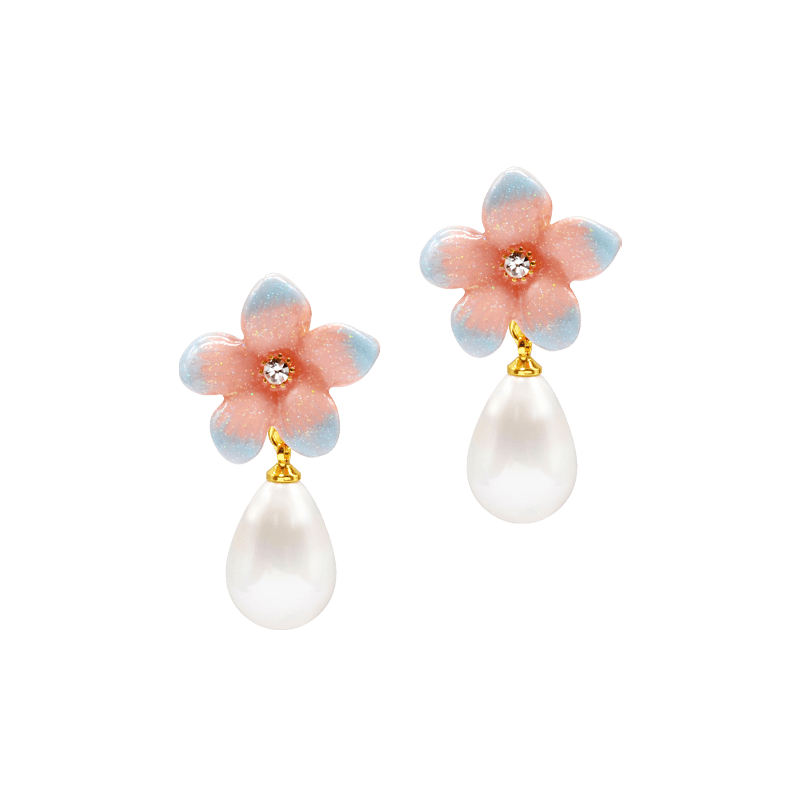 Peach Lily Flower Pearl Drop Earrings in Gold