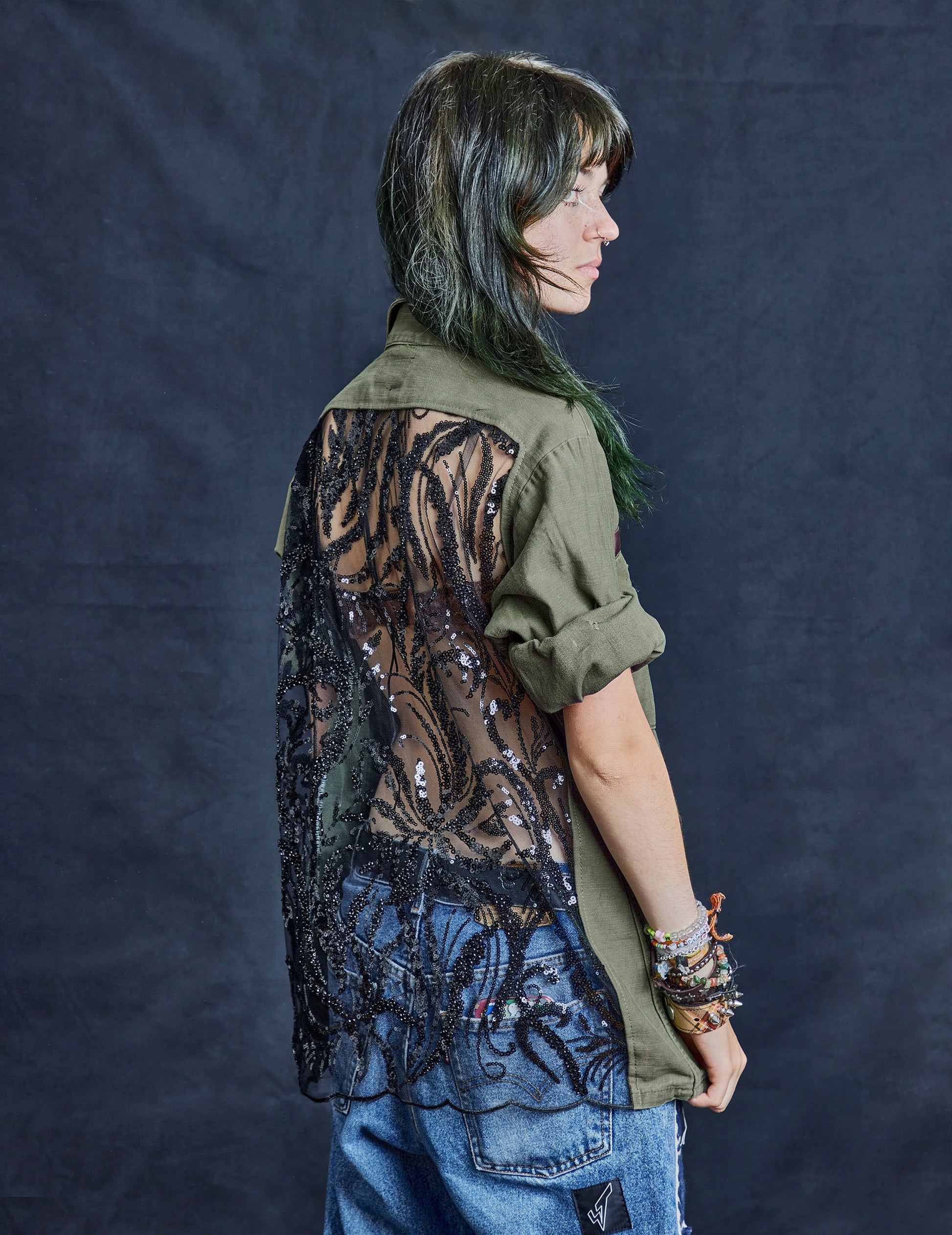 Party Back Shirt - Black Sequin - Khaki