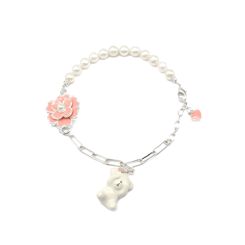 Gold Enameled Pearl Bear Chain Bracelet
