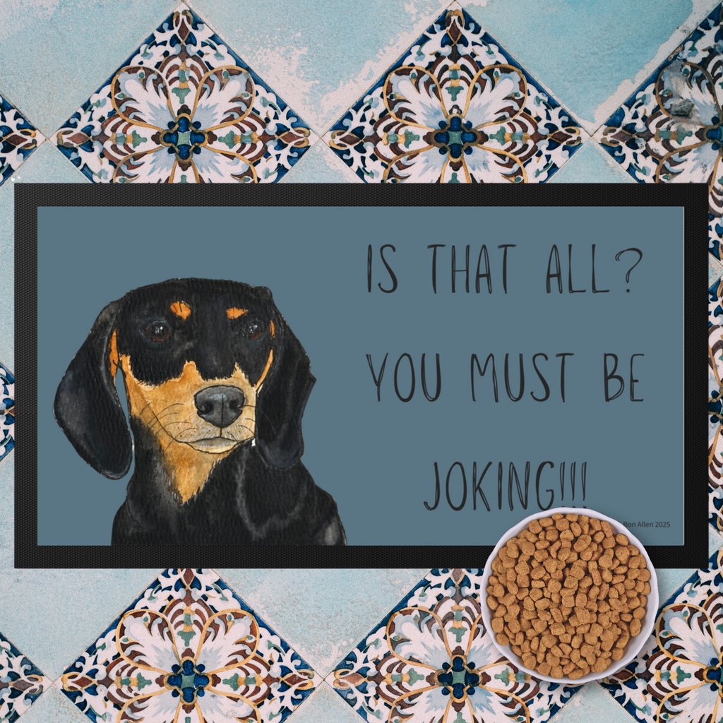 Black & Tan Dachshund Dining Drama – Hilarious Pet Bowl Mat!
