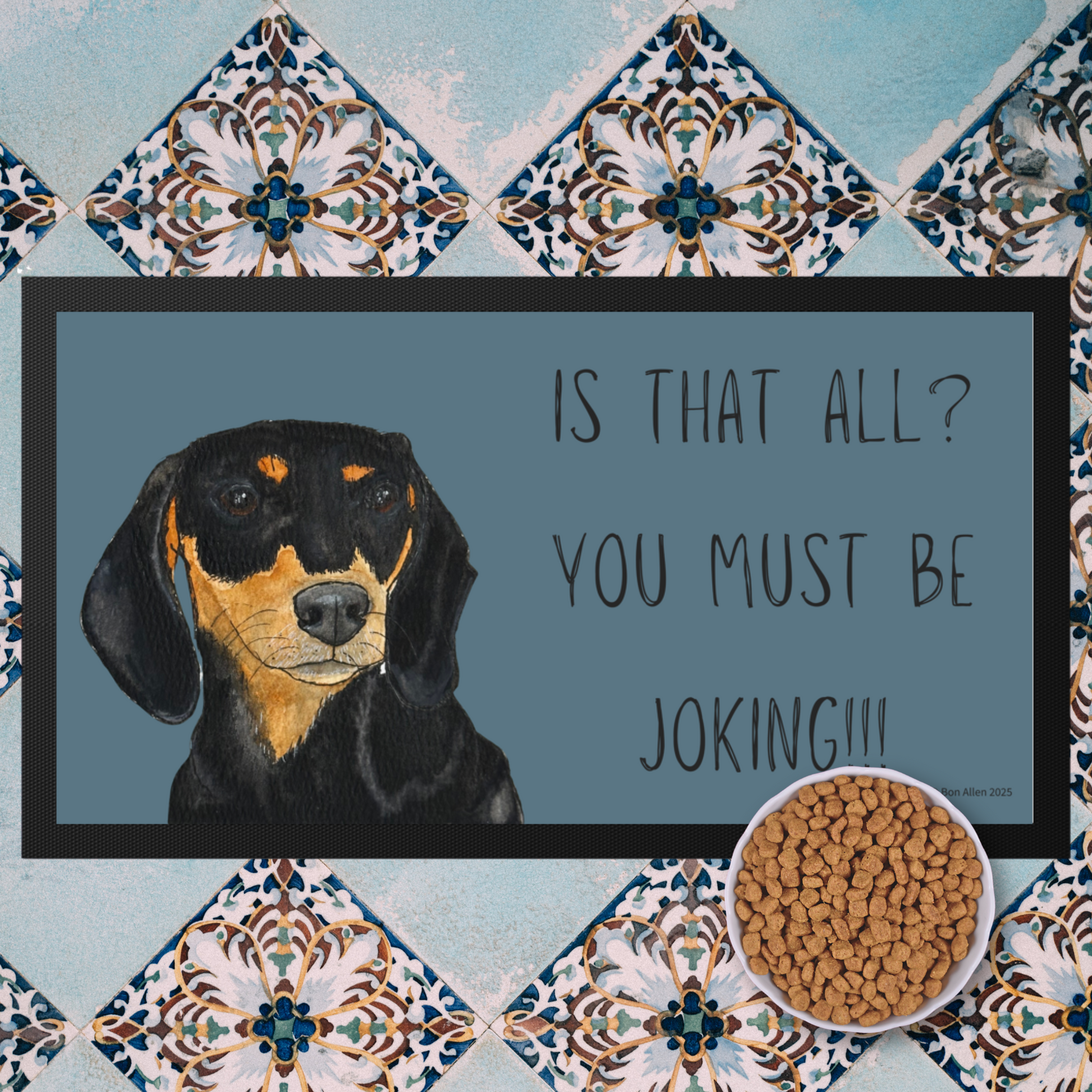 Black & Tan Dachshund Dining Drama – Hilarious Pet Bowl Mat!