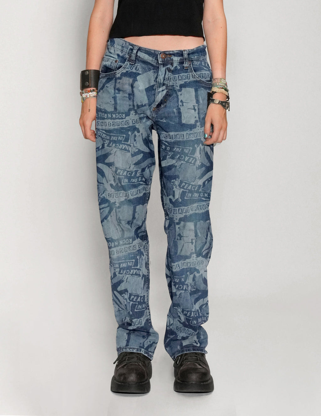 'Peace' Laser Print Jeans in Blue