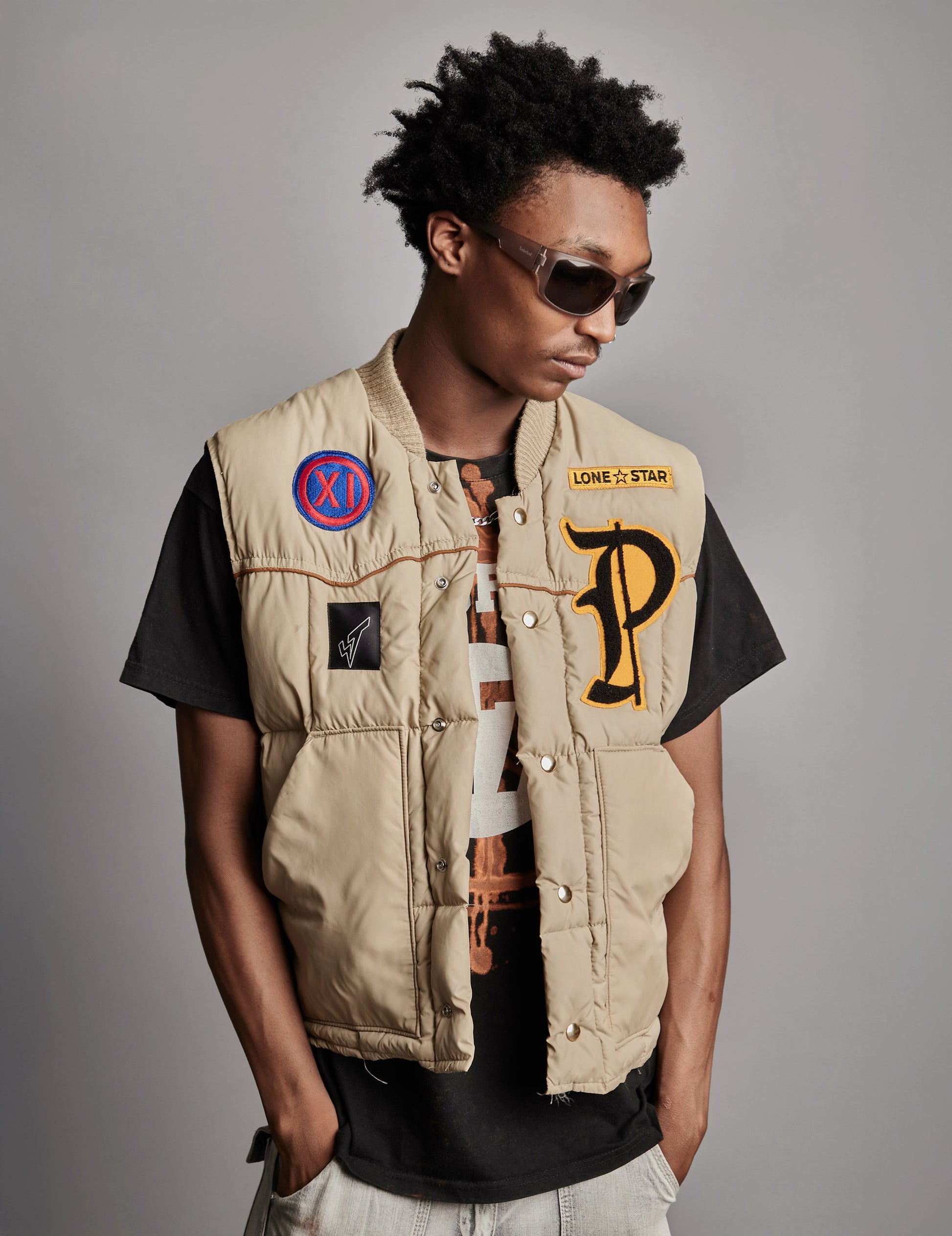 Patched Khaki Puffer Gilet