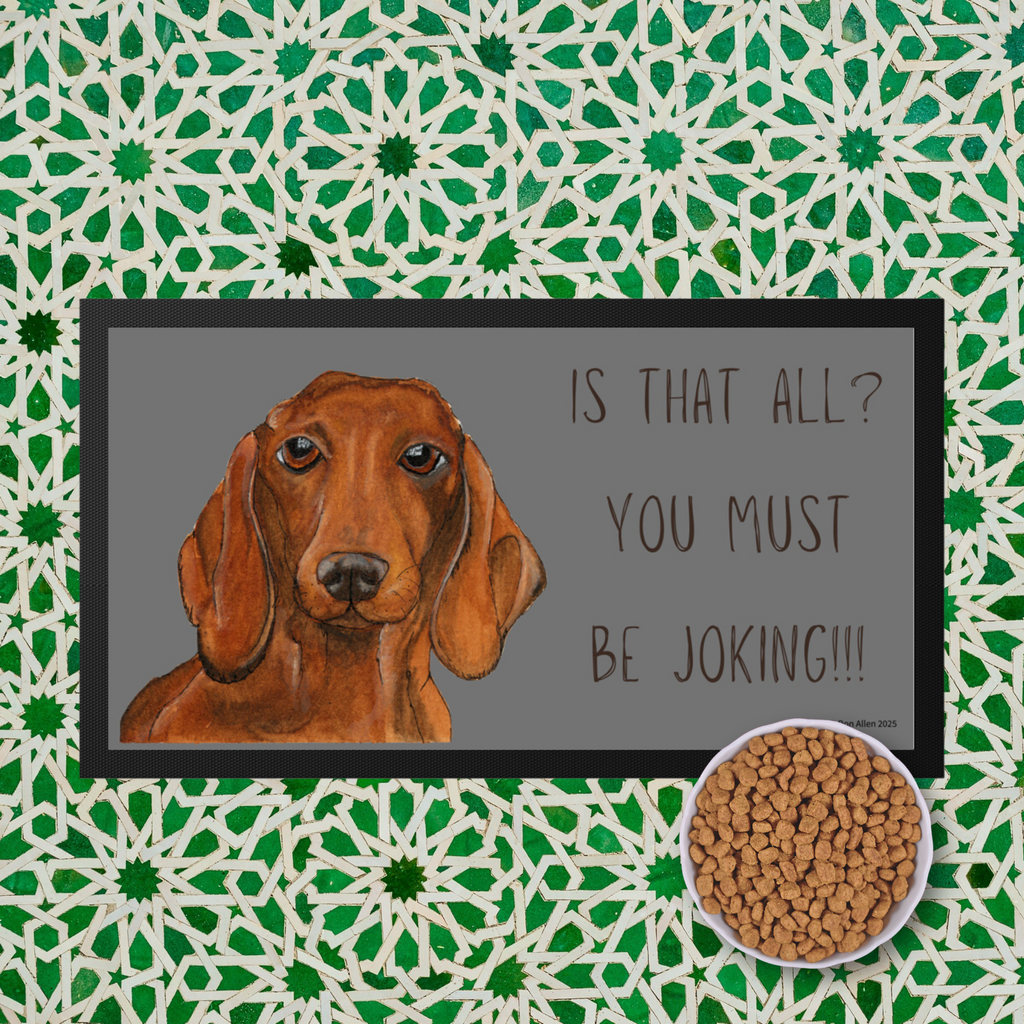 Dachshund Dining Drama – Hilarious Pet Bowl Mat!
