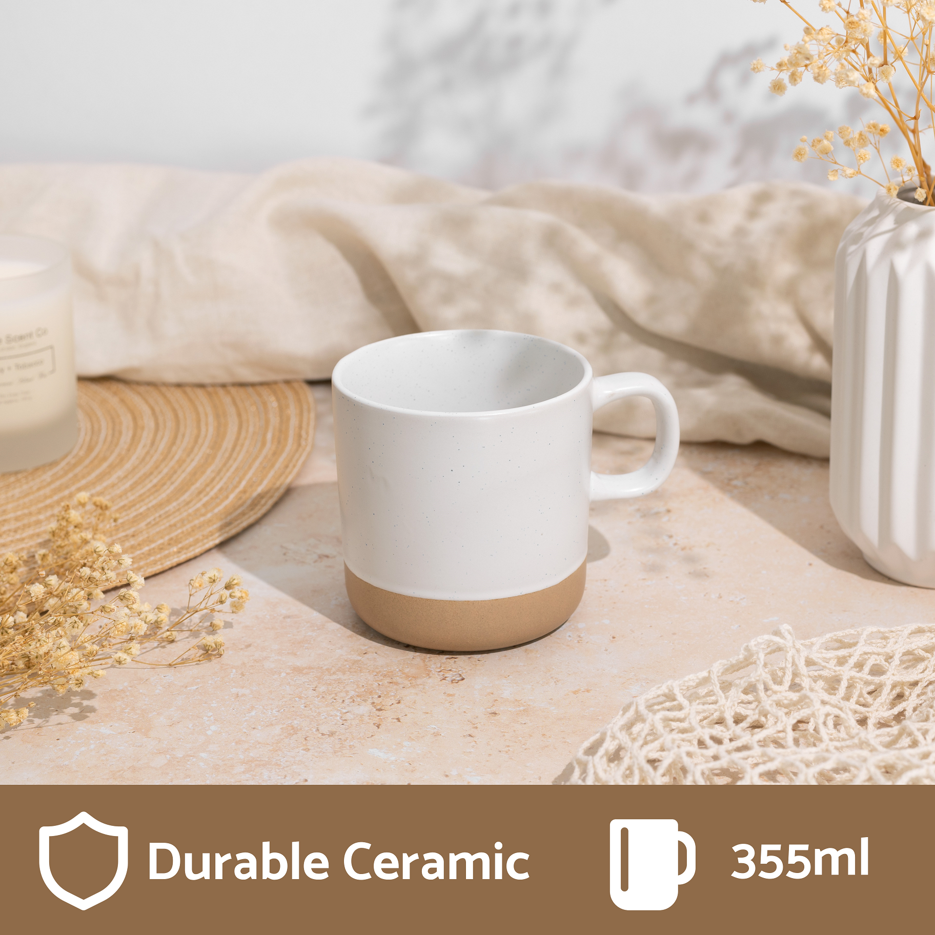 Ceramic Coffee Mug White Speckled Stoneware 355ml