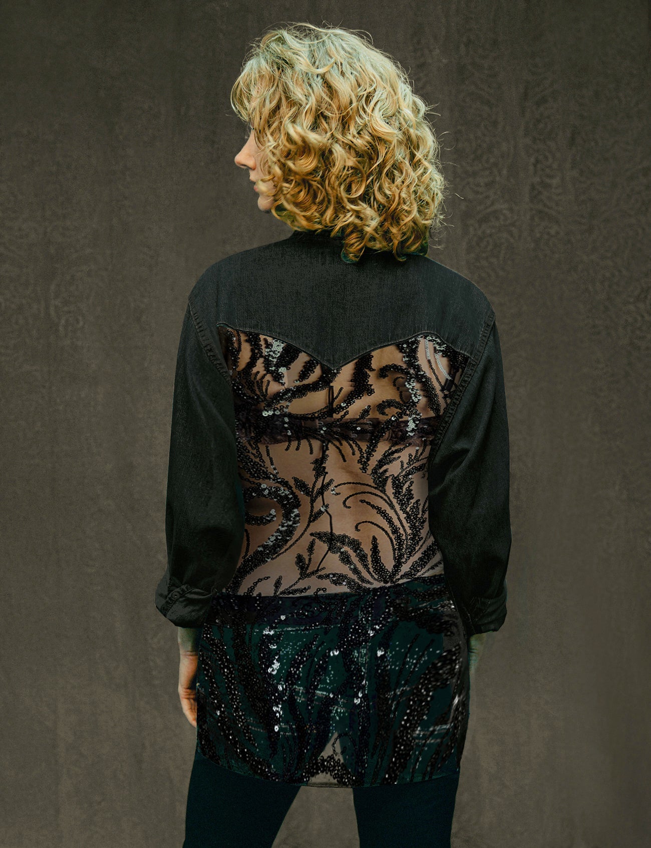 Party Back Shirt - Black Sequin - Black Denim