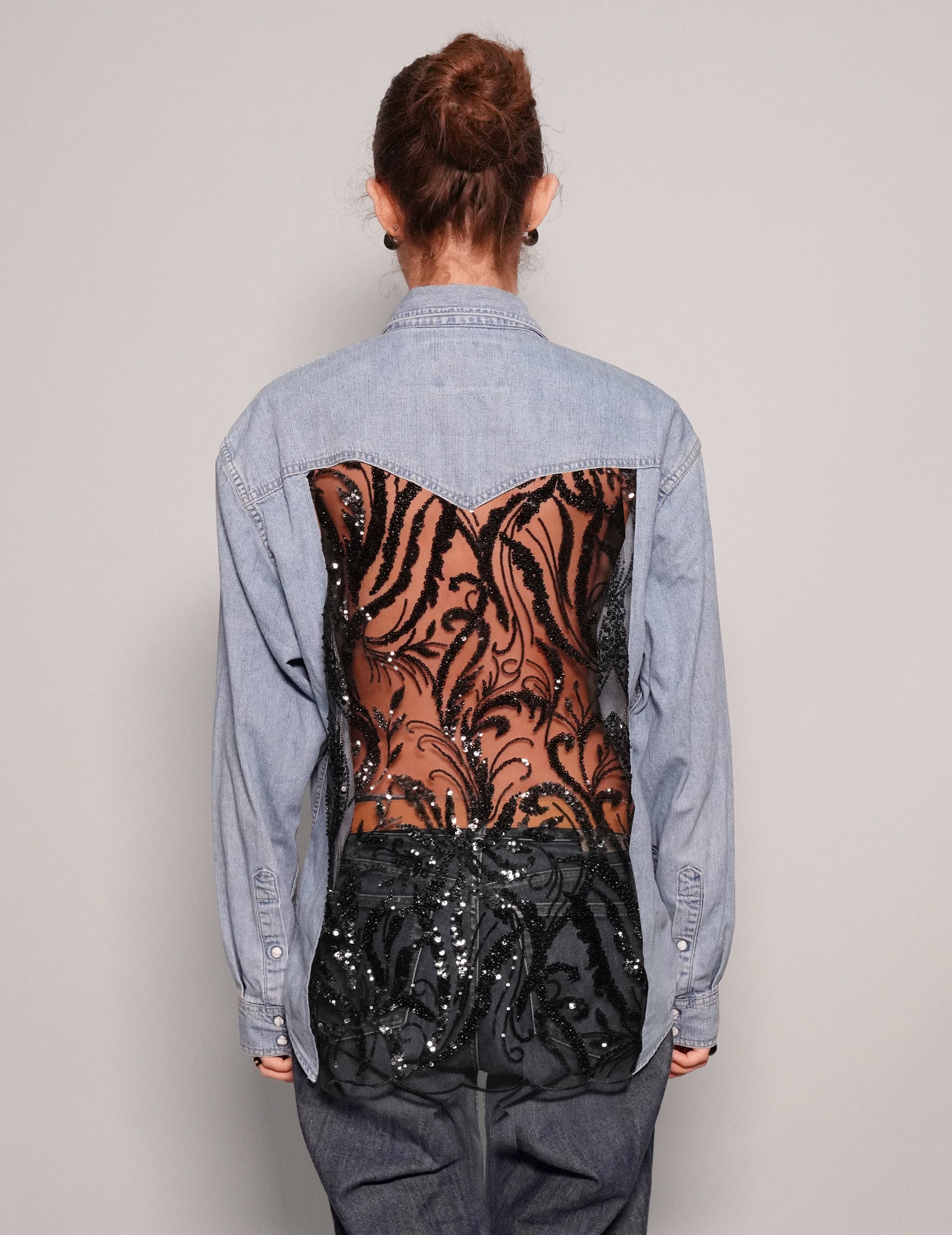 Party Back Shirt - Black Sequin - Light Blue Denim