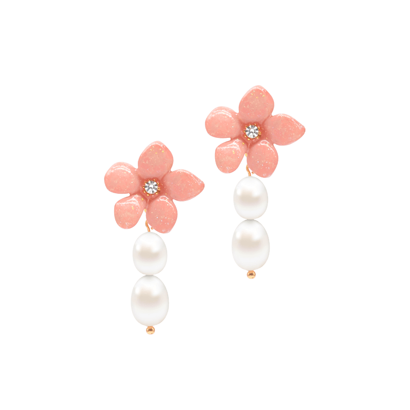 Gold Plated Lily Flower Pearl Drop Dangle Earrings in Peach