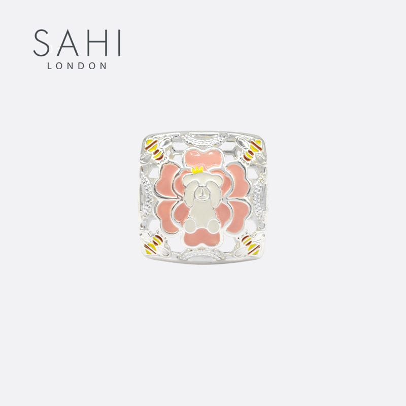Gold Enameled Square Camellia Bear Ring