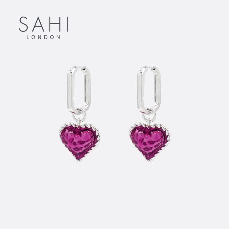 Love Heart Enameled Drop Dangling Earring in Silver and Violet