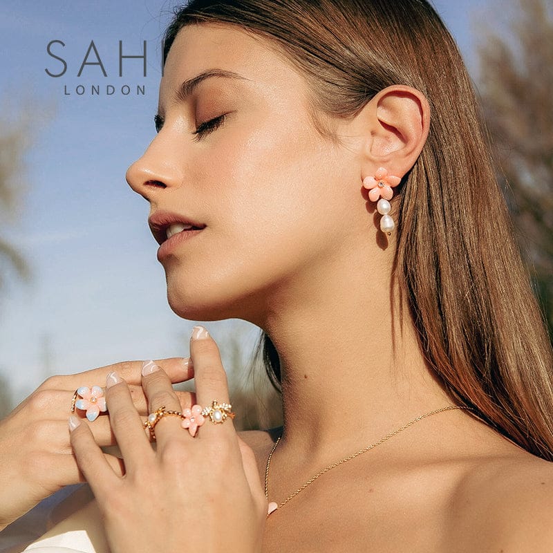 Gold Plated Lily Flower Pearl Drop Dangle Earrings in Peach