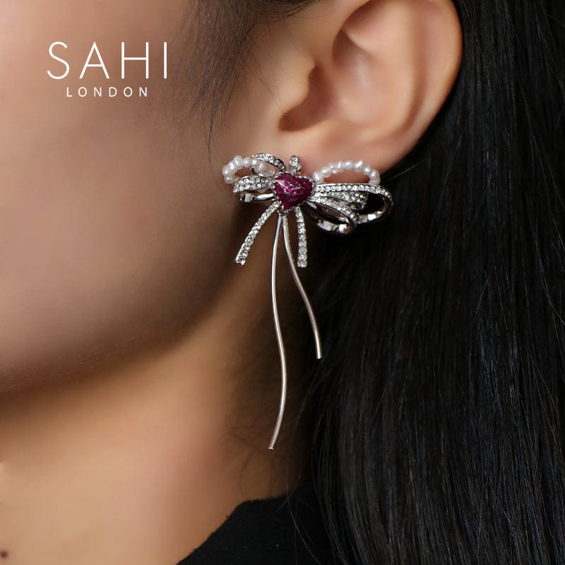 Love Heart Enamel Bow Stud Drop Earrings in Silver and Violet