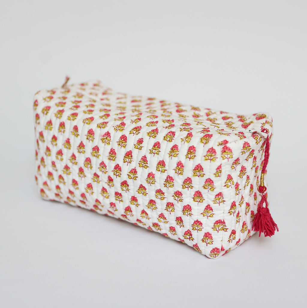 Pink Flower Wash Bag in Block Print Cotton with Waterproof Lining