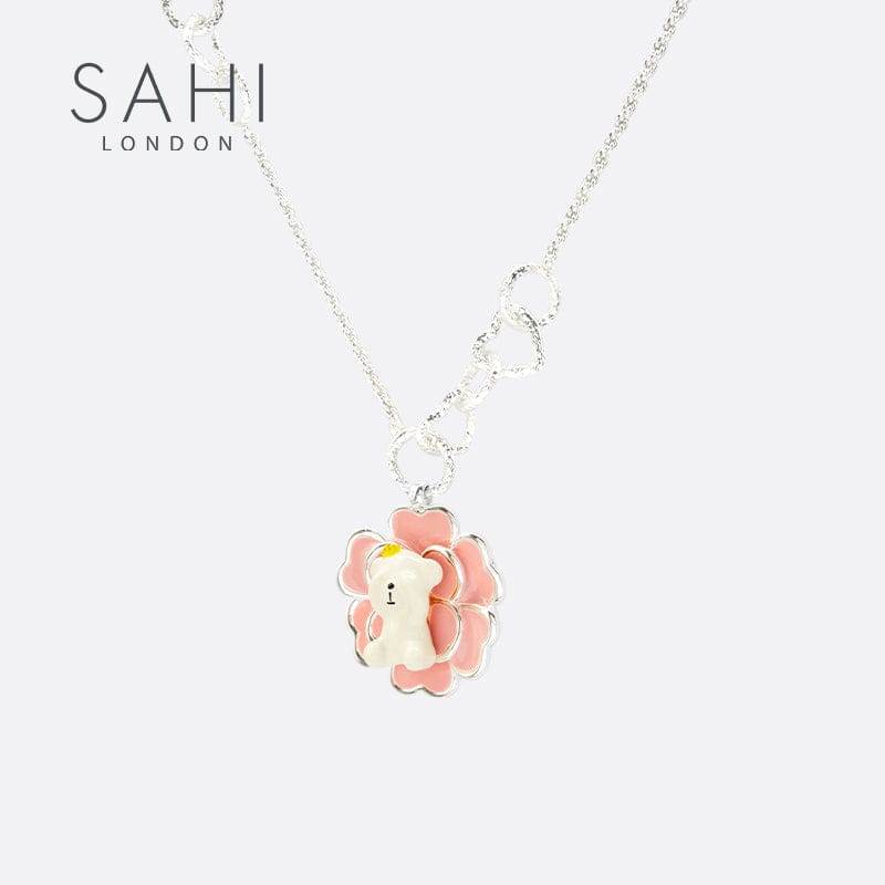 Camellia Bear Pendant Charm Necklace Hand Enameled