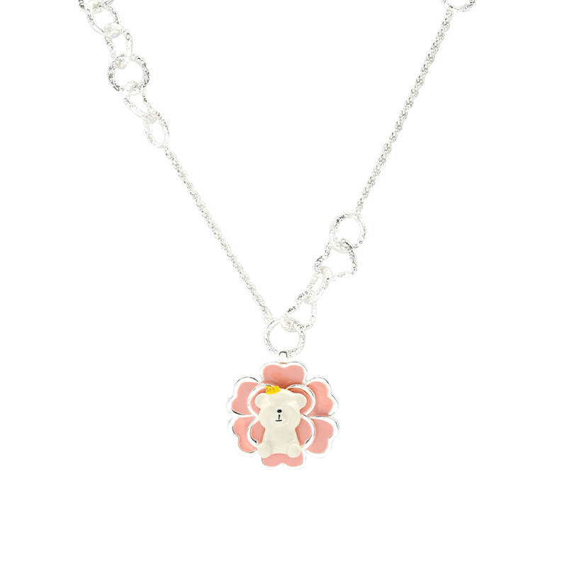 Camellia Bear Pendant Charm Necklace Hand Enameled