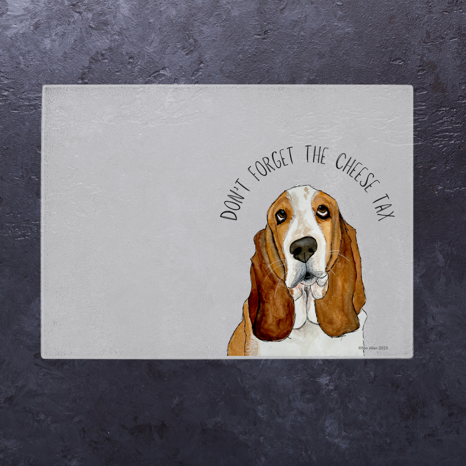 Chop, Slice… and Pay the Cheese Tax! Basset Hound Glass Chopping Board