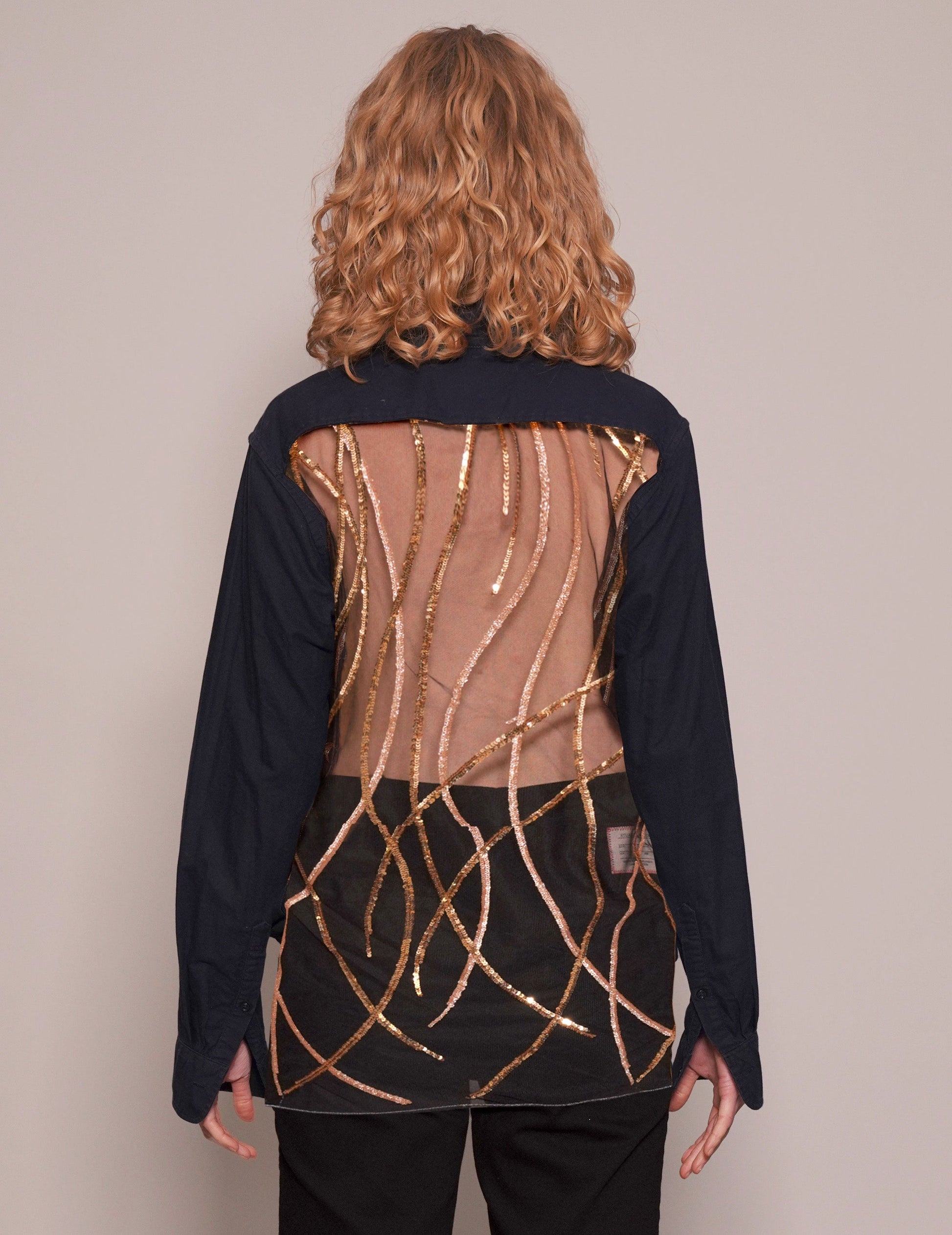 Party Back Shirt - Gold Lines Sequin - Navy Cotton