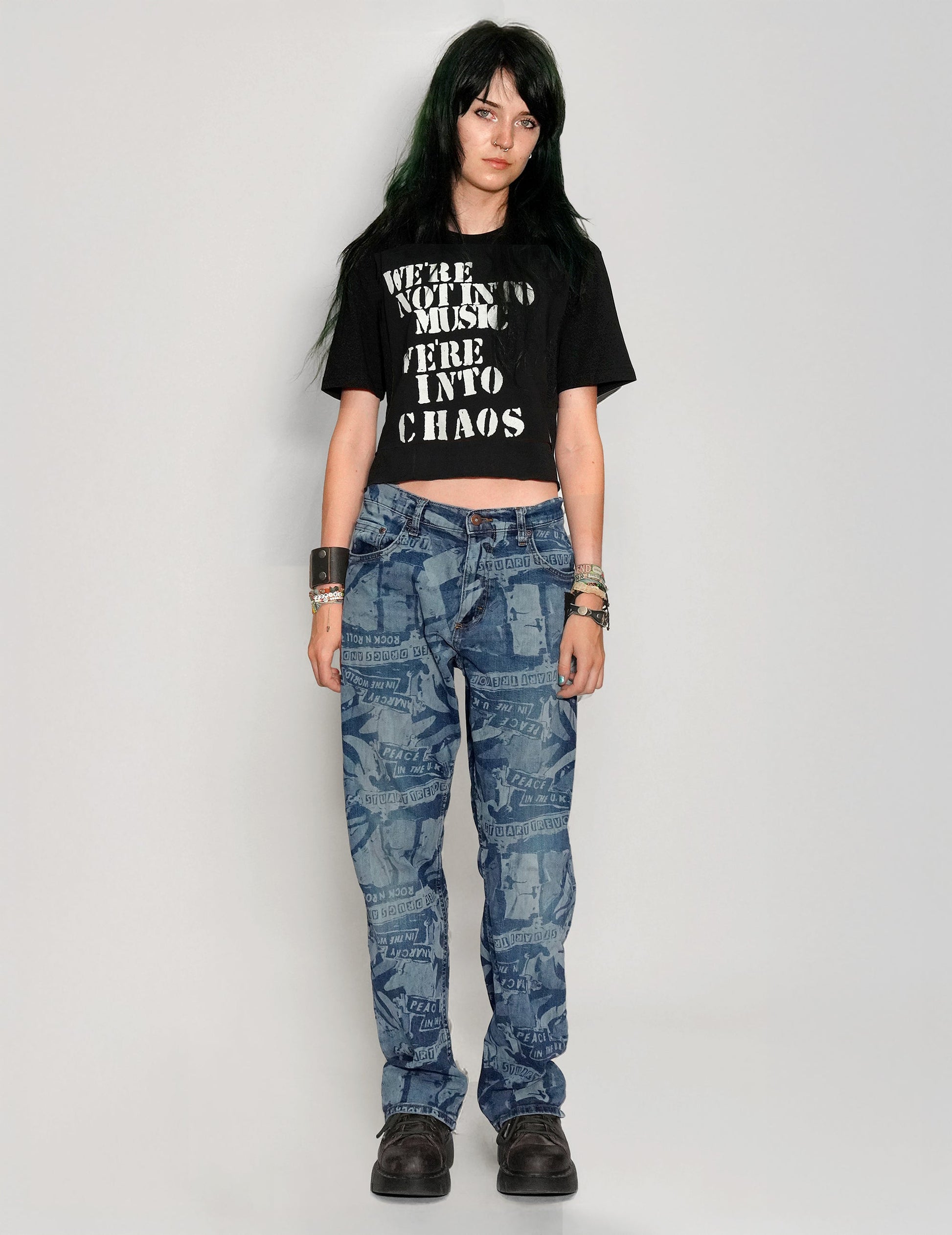 'Peace' Laser Print Jeans in Blue