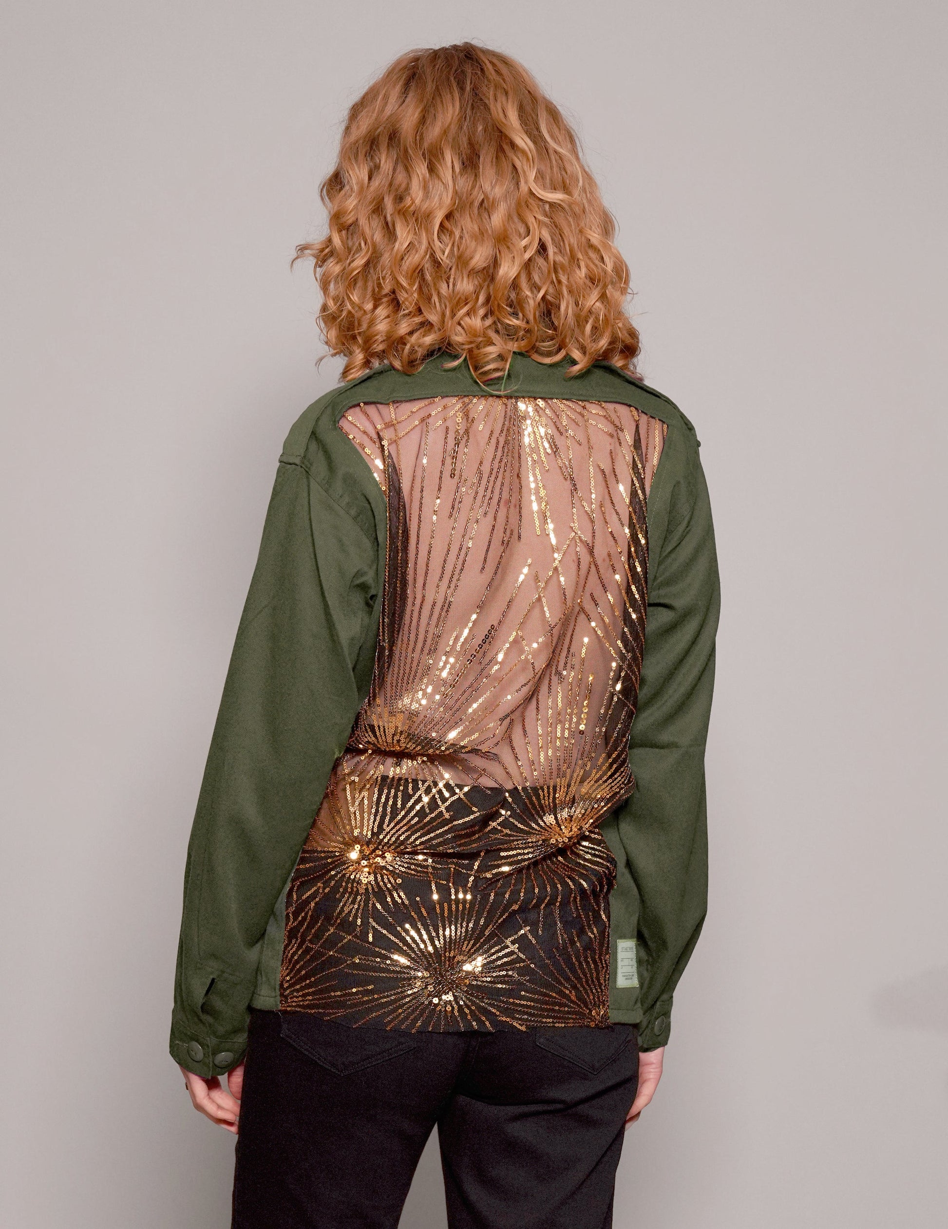Party Back Shirt - Gold Star Sequin - Khaki