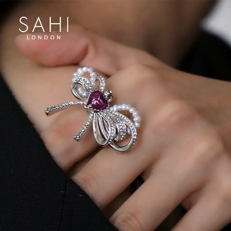 Love Heart Enamel Bow Adjustable Ring