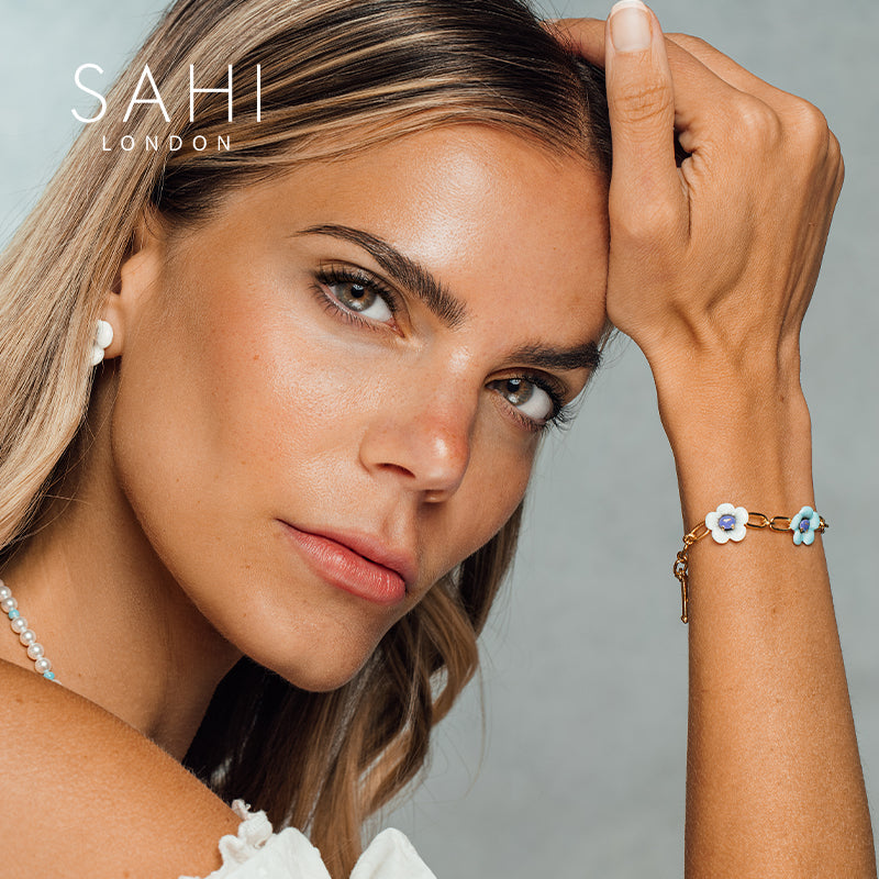 Monster Enamel Flower Adjustable Bracelet in Blue and White