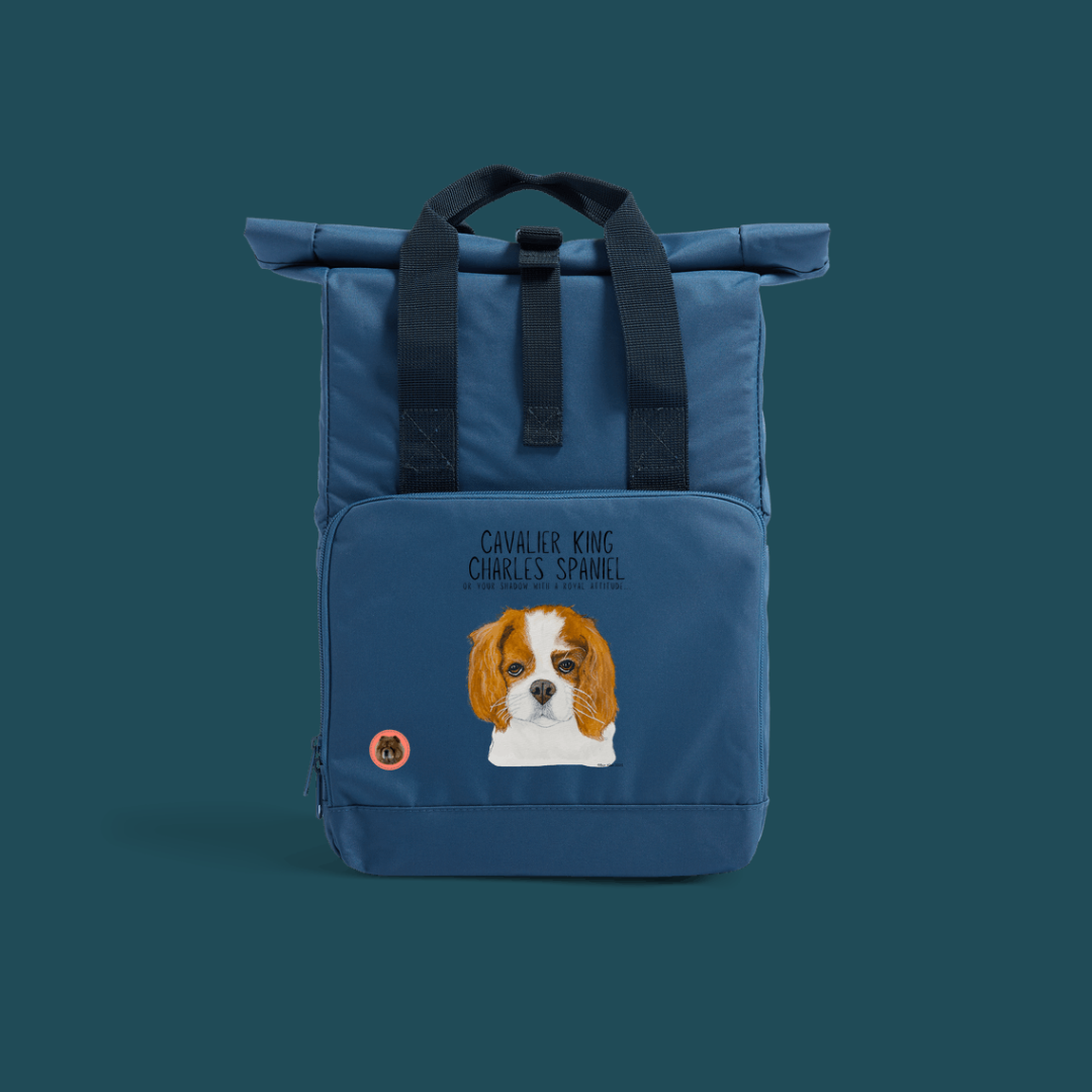 The Royal Companion: Sustainable Backpack Featuring Your Cavalier Shadow with Attitude