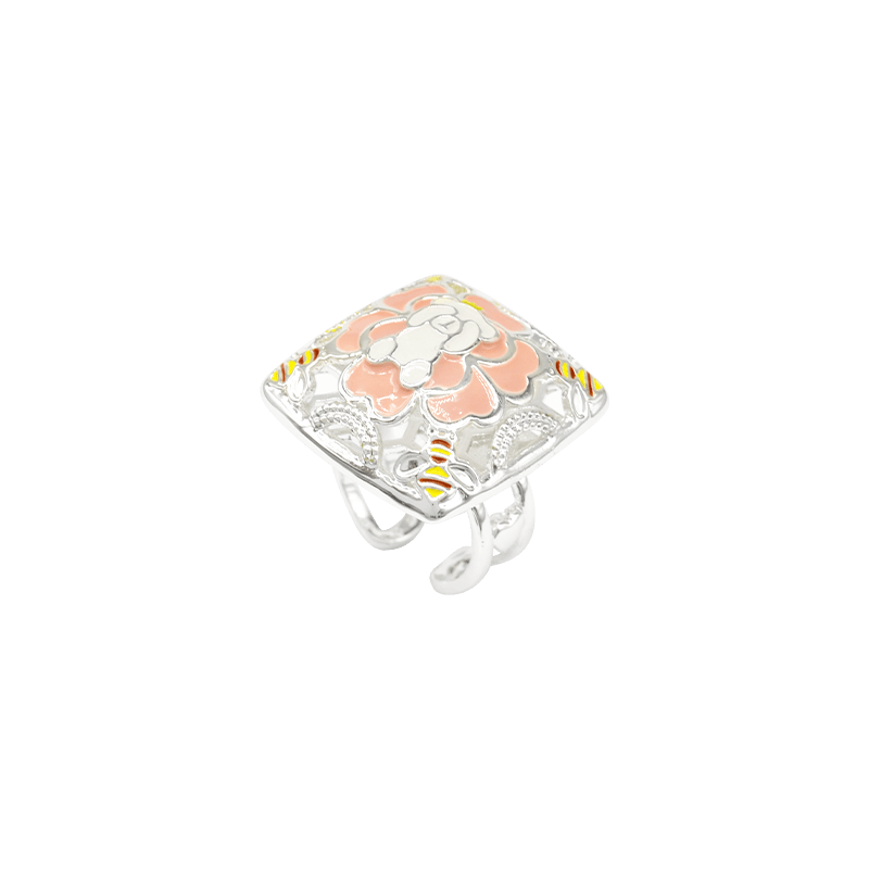 Gold Enameled Square Camellia Bear Ring