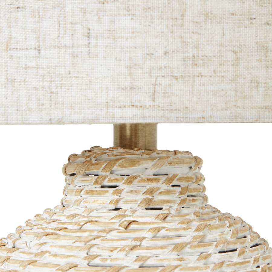 Small white wicker table lamp with bulbous base and linen shade, rustic earthy brown tones for cozy home decor. by Sostter at brixbailey.com