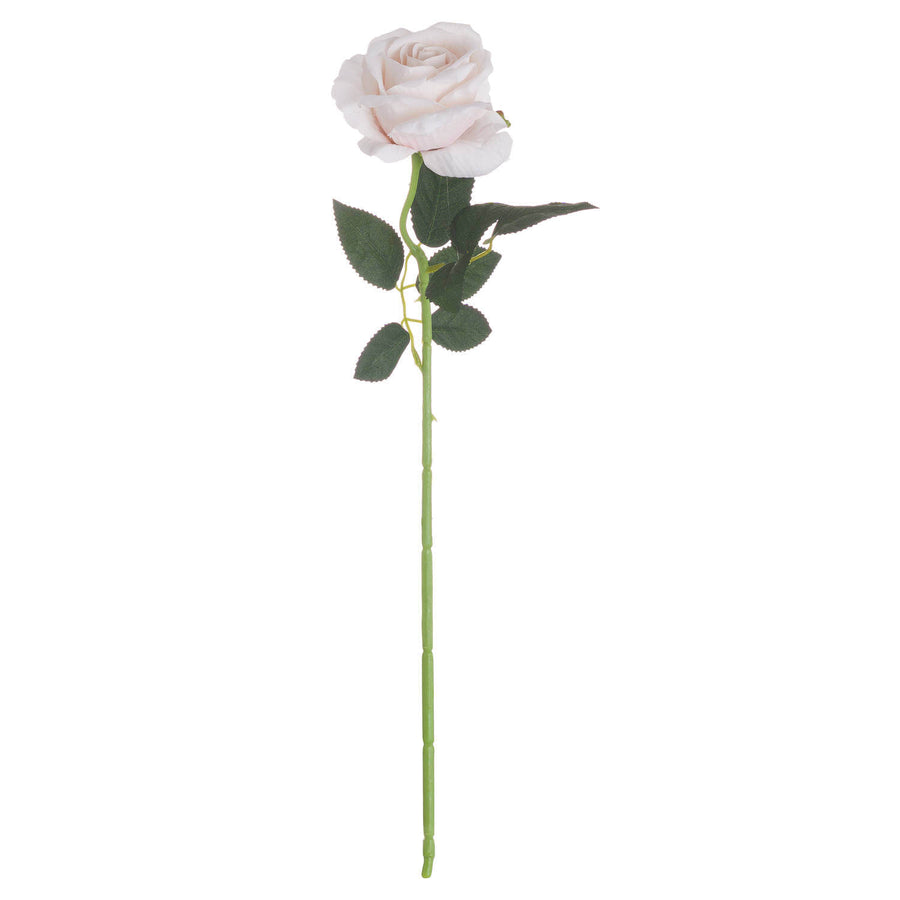 Lifelike pastel pink faux tea rose with green foliage for home decor, 53cm tall, realistic petals and leaves. by Sostter at brixbailey.com