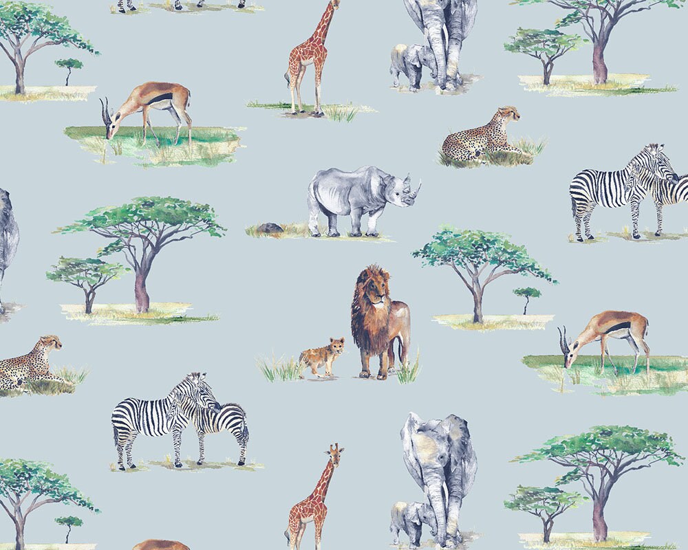 Safari Animals Hand-Designed Children's Wallpaper - Blue, Cream and Grey Colour Options