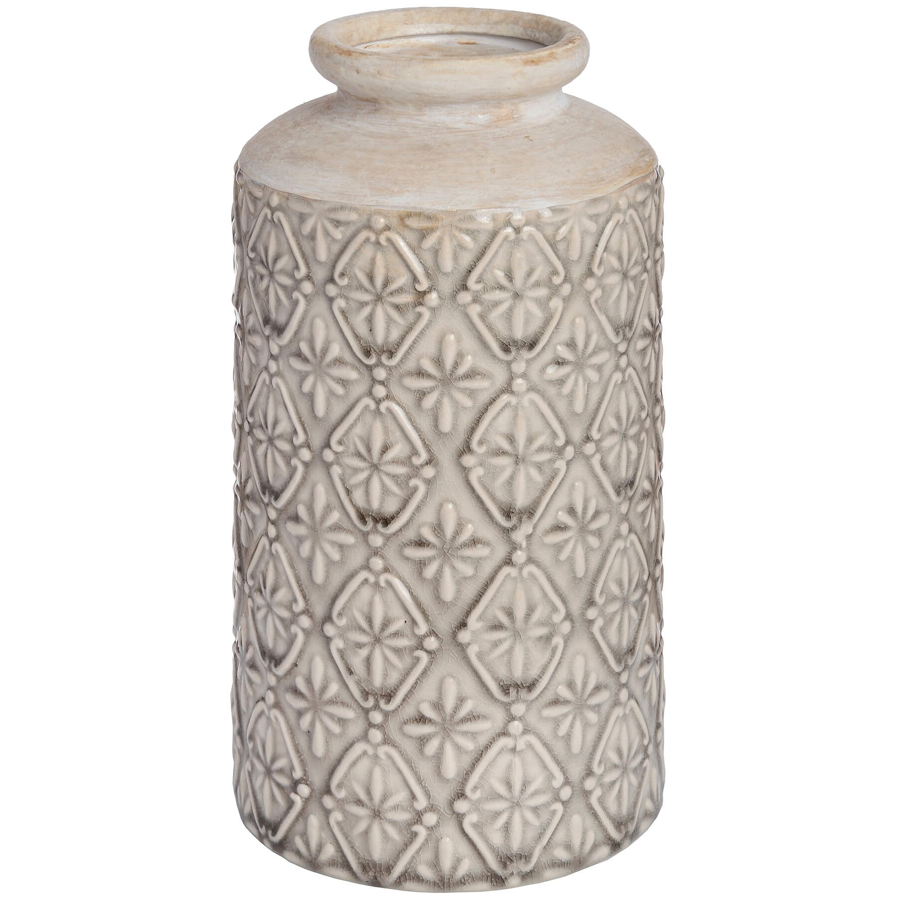 White sculptural ceramic vase with textured artisan patterns, 26cm tall, modern architectural design for home decor. by Sostter at brixbailey.com