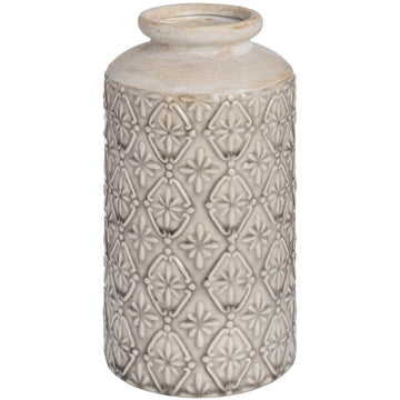 White sculptural ceramic vase with textured artisan patterns, 26cm tall, modern architectural design for home decor. by Sostter at brixbailey.com