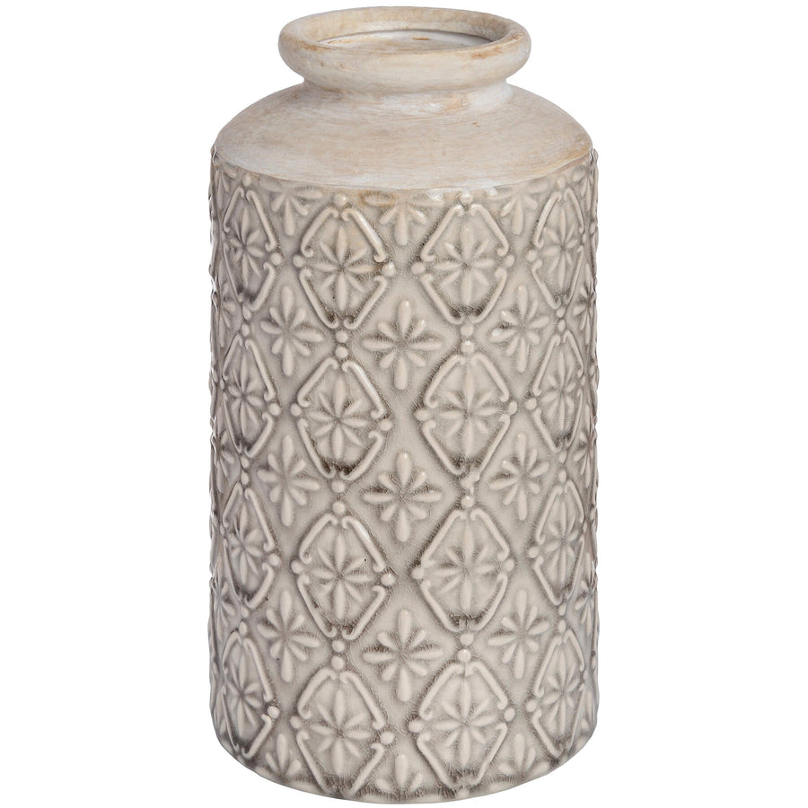White sculptural ceramic vase with textured artisan patterns, 26cm tall, modern architectural design for home decor. by Sostter at brixbailey.com