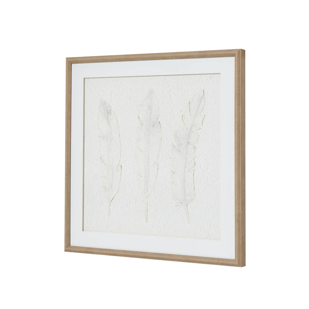 White feather artwork with textured design in champagne wood frame, 50x50cm, modern wall decor by Sostter at brixbailey.com