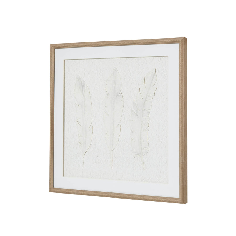 White feather artwork with textured design in champagne wood frame, 50x50cm, modern wall decor by Sostter at brixbailey.com
