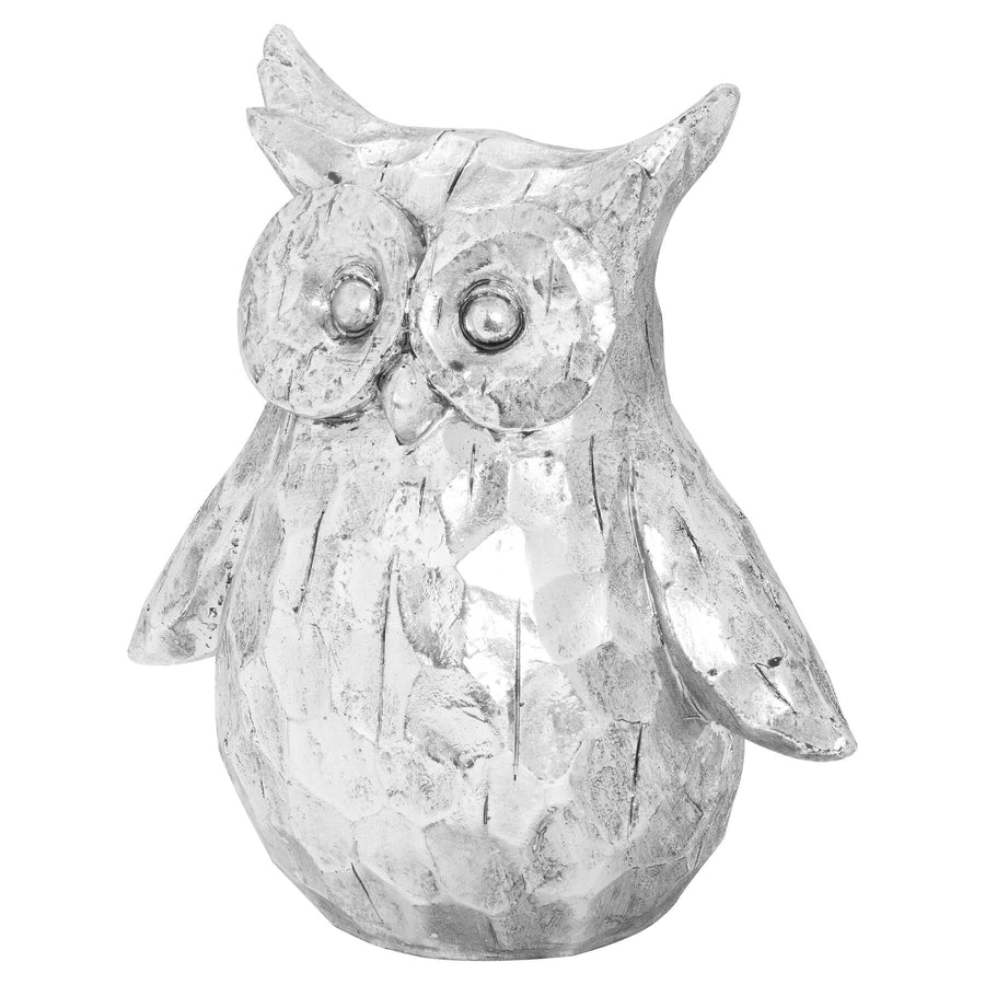 Handcrafted silver ceramic owl decor with textured feathers, 23cm tall, elegant centerpiece for shelves or mantels by Sostter at brixbailey.com