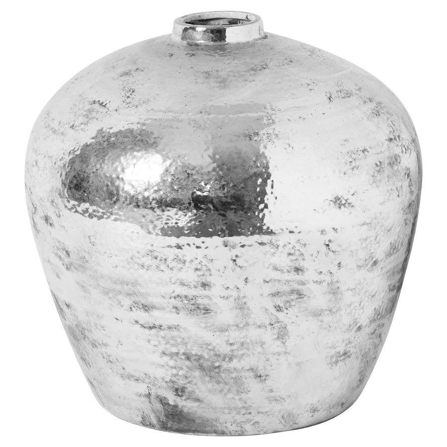 Hammered silver ceramic vase with reflective metallic finish, modern home decor centerpiece by Sostter at brixbailey.com