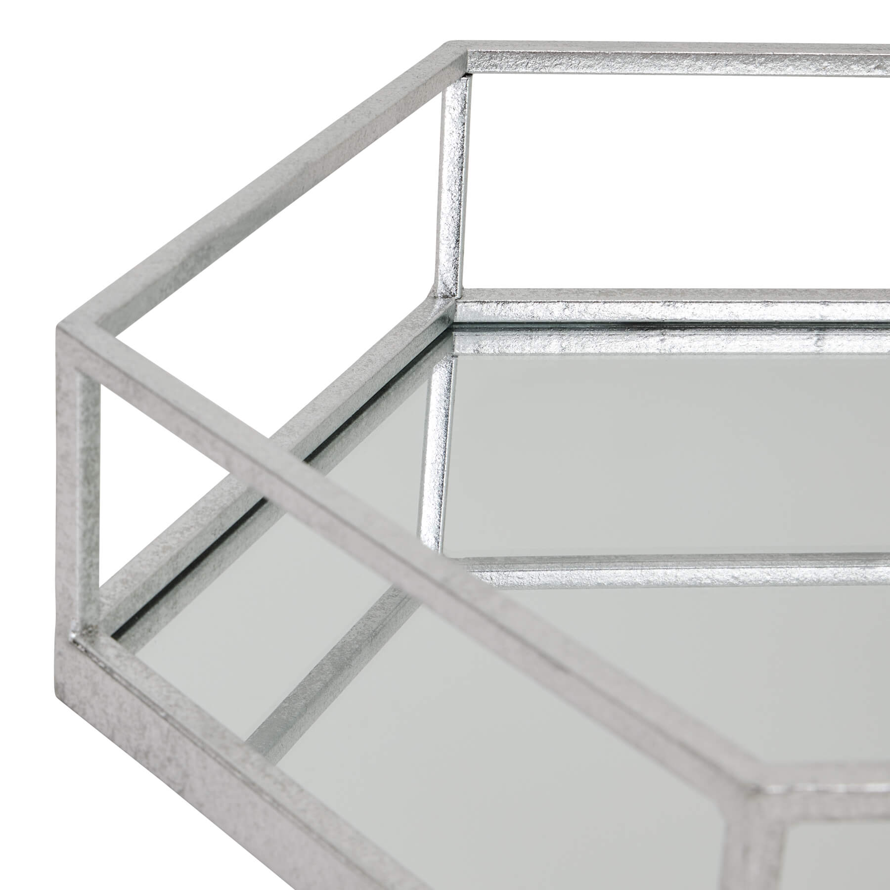 Silver hexagon glass trays set, modern geometric design for home decor or serving, premium quality with mesh detailing by Sostter at brixbailey.com