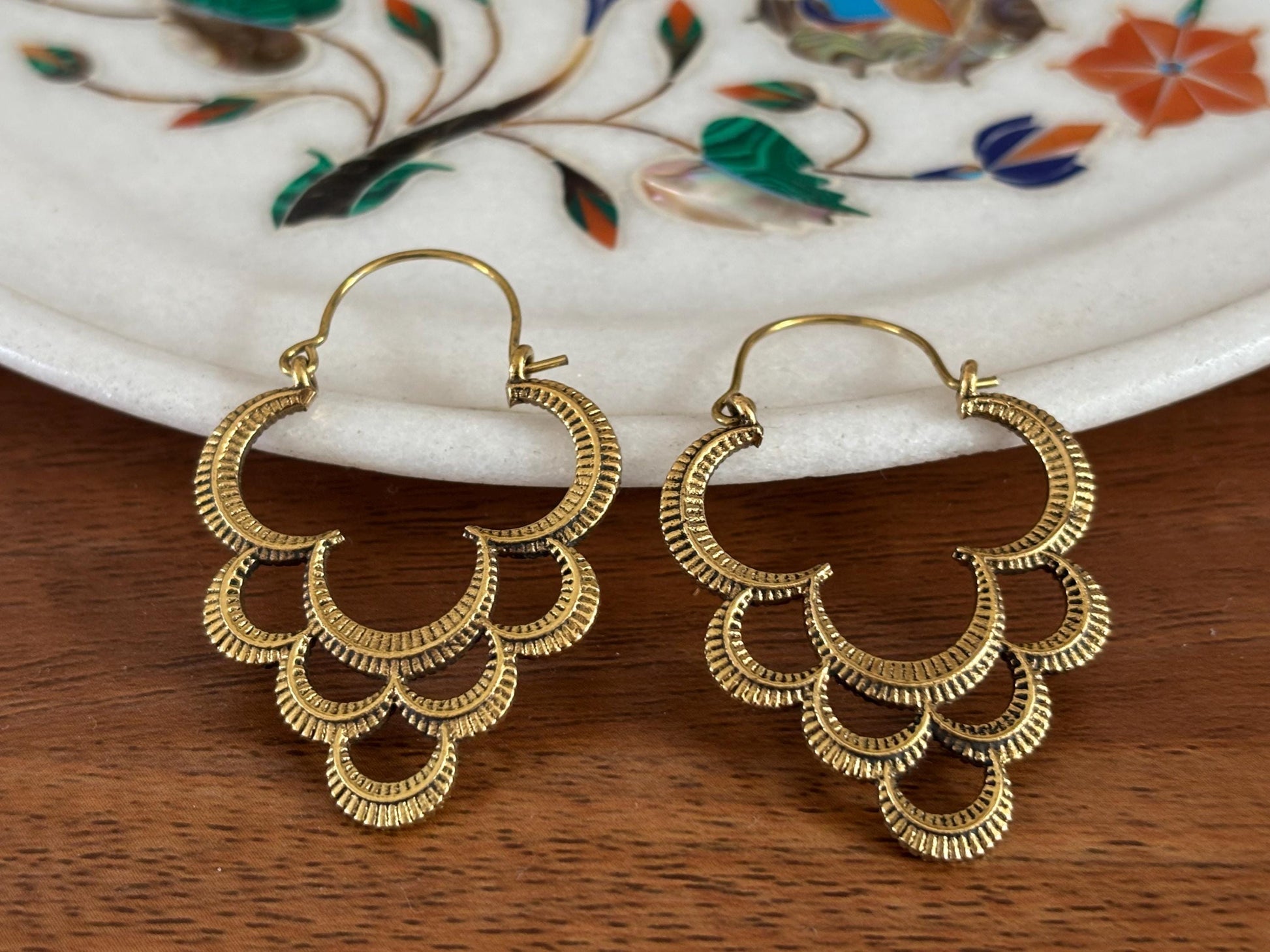 Antique Gold Crescent Layered  Hoops - Boho Earrings