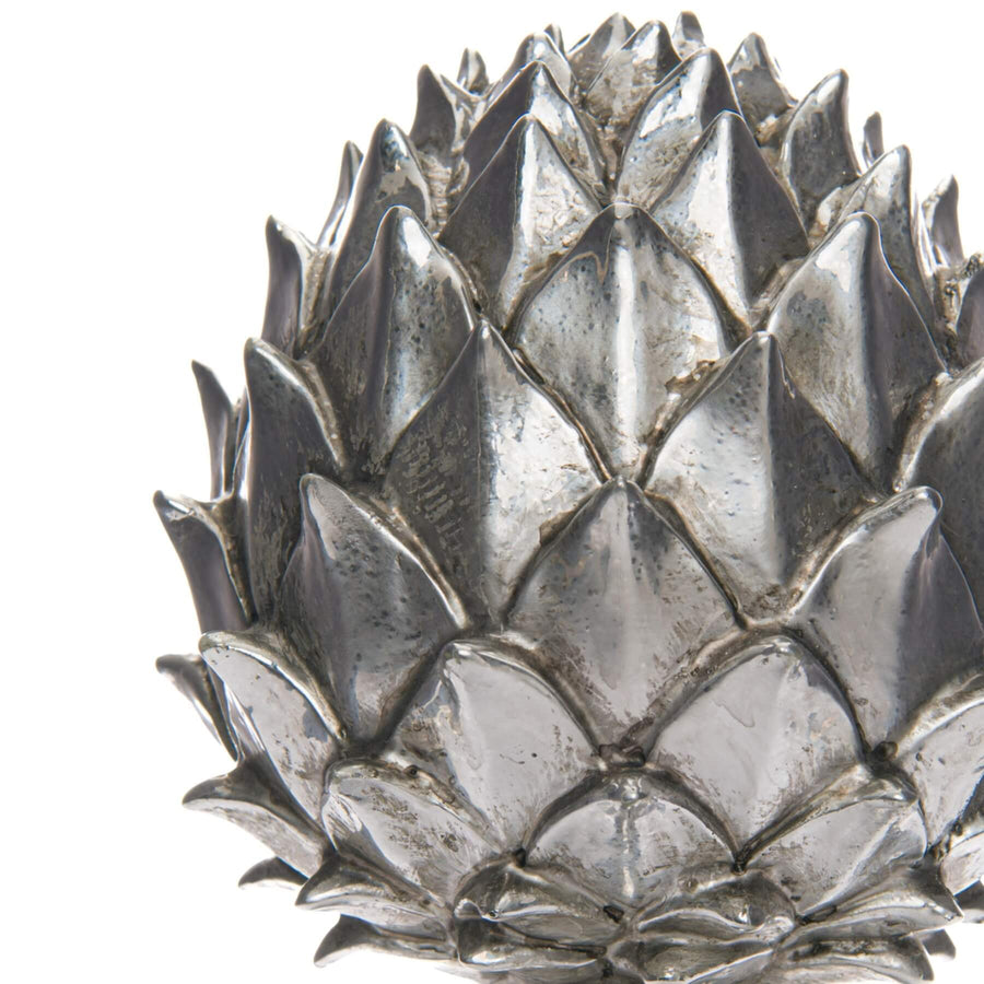 Handcrafted silver ceramic pinecone finial with intricate detailing, perfect for mantels or shelves. by Sostter at brixbailey.com