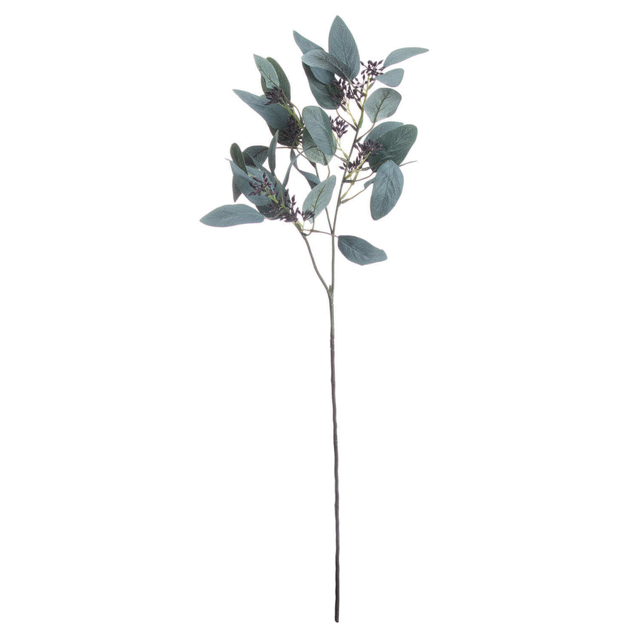 Artificial seeded eucalyptus stem with silvery-green leaves and feathery pods, 85cm tall for home decor arrangements by Sostter at brixbailey.com