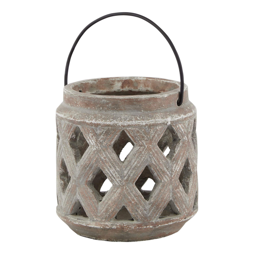 Brown ceramic lattice lantern with diamond-cut patterns casting intricate light shadows, perfect for modern or rustic decor. by Sostter at brixbailey.com