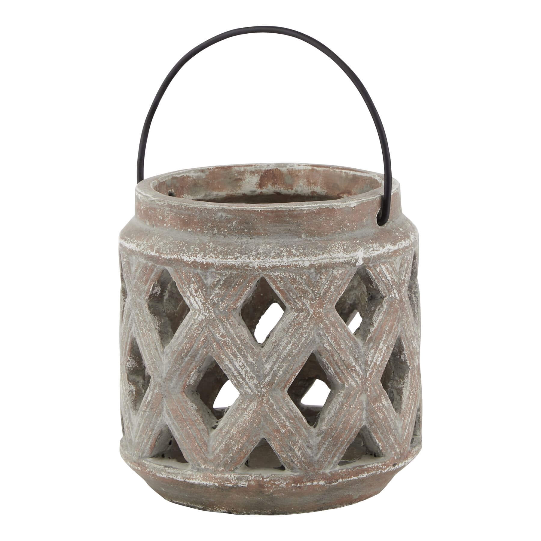 Brown ceramic lattice lantern with diamond-cut patterns casting intricate light shadows, perfect for modern or rustic decor. by Sostter at brixbailey.com